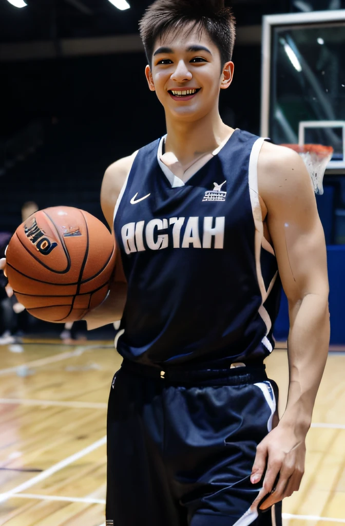 A handsome boy，Handsome smile, Muscular, ((Wide shoulders and narrow waist)), Shirtless,Abs，track suit，basketball ball，Arena , Wear basketball uniform
