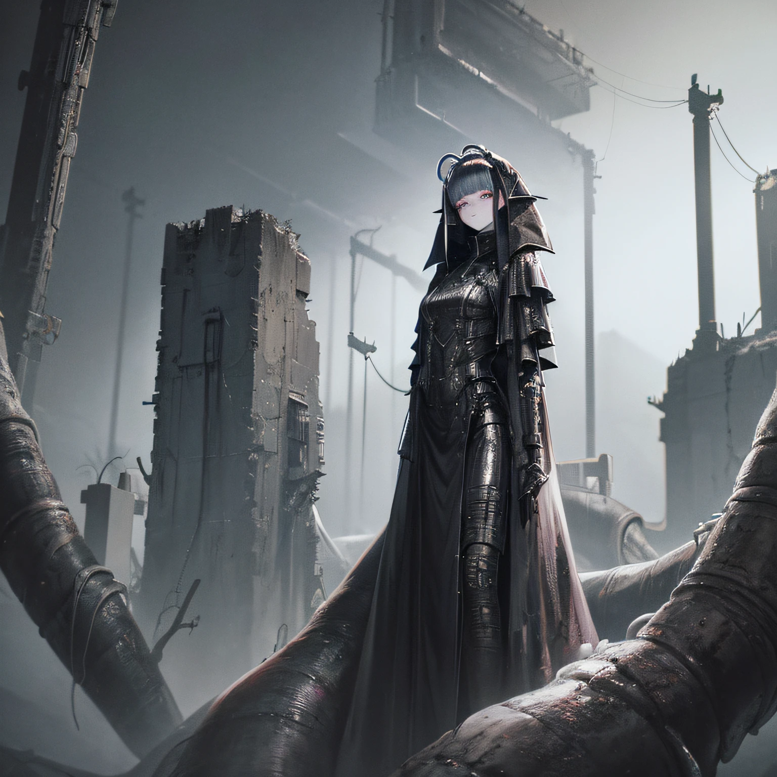 (((dark tentacle biopunk))), ((gloomy portrait of a girl in biopunk style)), hair light, (a lot of long closed clothes), biopunk cape-shaped clothing, black clothes with silver accents, The Iron Mask, (Closed posture), hands together, Sits, Cold lighting, abandoned landscape in biopunk style, (Contempt for video game style), Horror atmosphere, the presence of something scary, very detailed biopunk background, von Hans Giger, perfect anatomy, Masterpiece