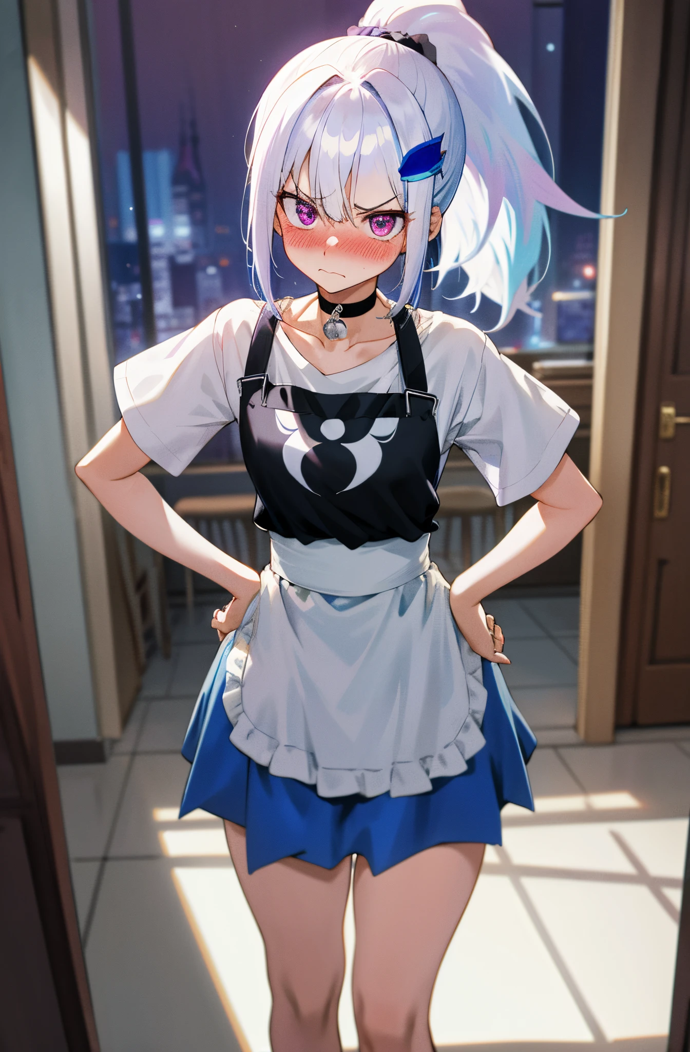One girl with high ponytail hair, white hair, blue inner hair, purple eyes, looking at viewer, angry, blushing, embarrassed, indoor, living room, t shirts, mini skirt, apron, thigh, slim, dizzy, choker, mid-chest, wide hips, perfect waist, night atmosphere, hair ornament,standing, hands on hip