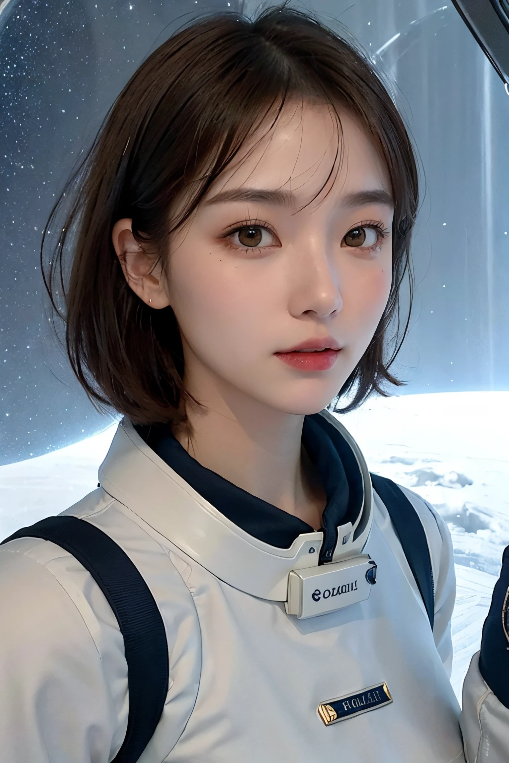 top-quality、​masterpiece、超A high resolution、(realisitic:1.4)、Beautuful Women１、Beautiful detail eyes and skin、ssmile、Light brown short-cut hair、The perfect spacesuit、spaceships、cosmic space、iced&Snow Planet、cloudy ash sky、weak sunshine、