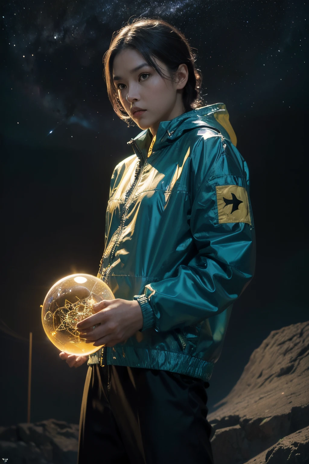 ((masterpiece), (best quality), ultra high res, (raw photo:1.2), (photorealistic:1.4), Exceptional detail, dramatic lighting, highres,   8k, absurdres,  1cat, (Chartreux:1.2),  Chartreux, universe, earth,  (magical windbreaker), marvel, time travel, magical circle, summon, summon circle,  space and time distortion, universe inside a metal hour glass, hour glass, marvel cinematic universe, a sports suit standing on a street, computer graphics by Chris LaBrooy, cgsociety, space art, unreal engine 5, reimagined by industrial light and magic, unreal engine, design KUDO sports windbreaker in yellow and white style of the Stavropol flag square cross symbol with small accents of black colour details