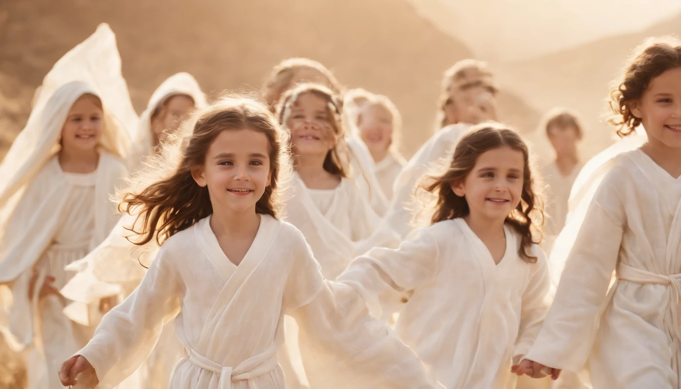 a pixa Disney cartoon  of biblical times, A Lot of happy 6 ******** girls and boys in heaven  in heaven dressed like the bible times having white robe around their west.