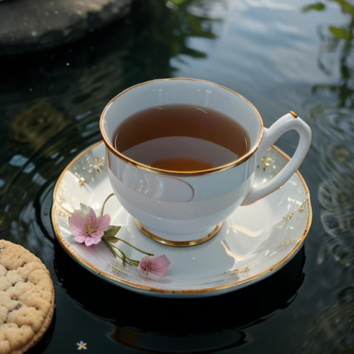 Product Photography, tea cup with saucer of cookies, lying on the surface of water, with flowers and stone on sparkling water, natural, uhd image, reflections and mirror image, photorealistic, tea ceremony, raw style