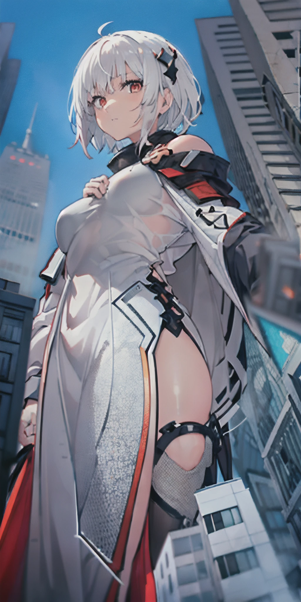(from below:2), giantess, pantyshot, 1girl, red eyes, red trim, White clothes, grey clothes, grey cloak, shoulder-length hair, 1girl, short hair, solo, red eyes, looking at viewer, bangs, white hair, expressionless, covered shoulders, building in the foreground,