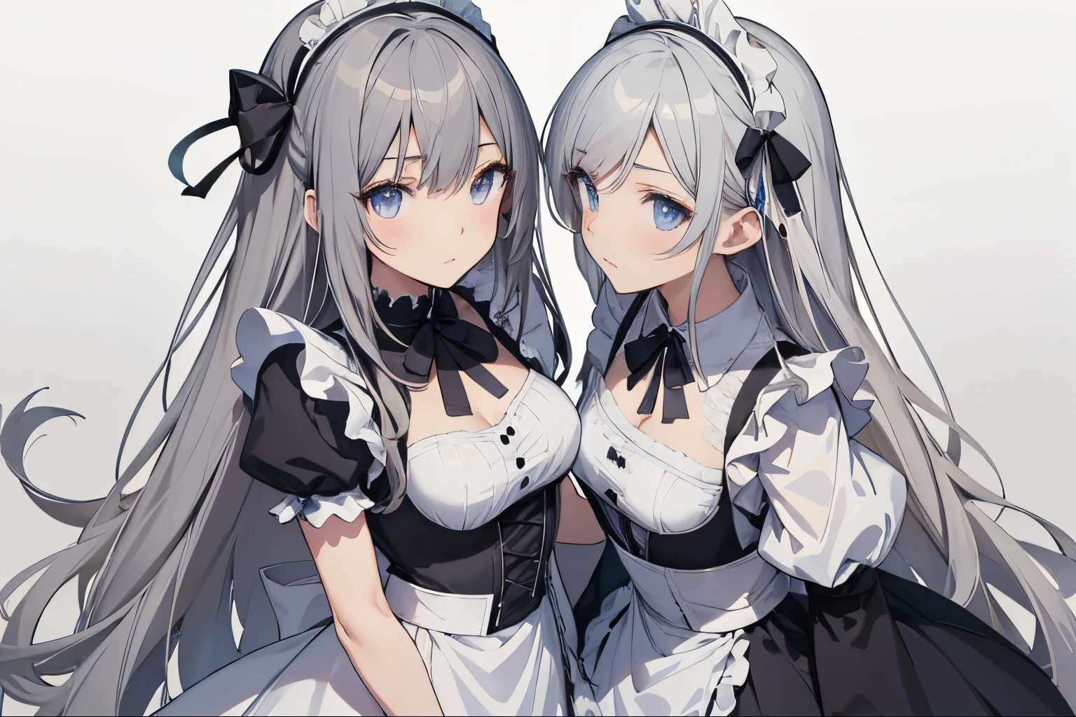 【Highest Quality, masutepiece】 [girl, expressioness, Cerulean eyes, very long hair,stare at each other,,maid clothes,Apron Dresses,frilld,Upper body] (Gray white background:1.5), large full breasts,punch,punching pose,