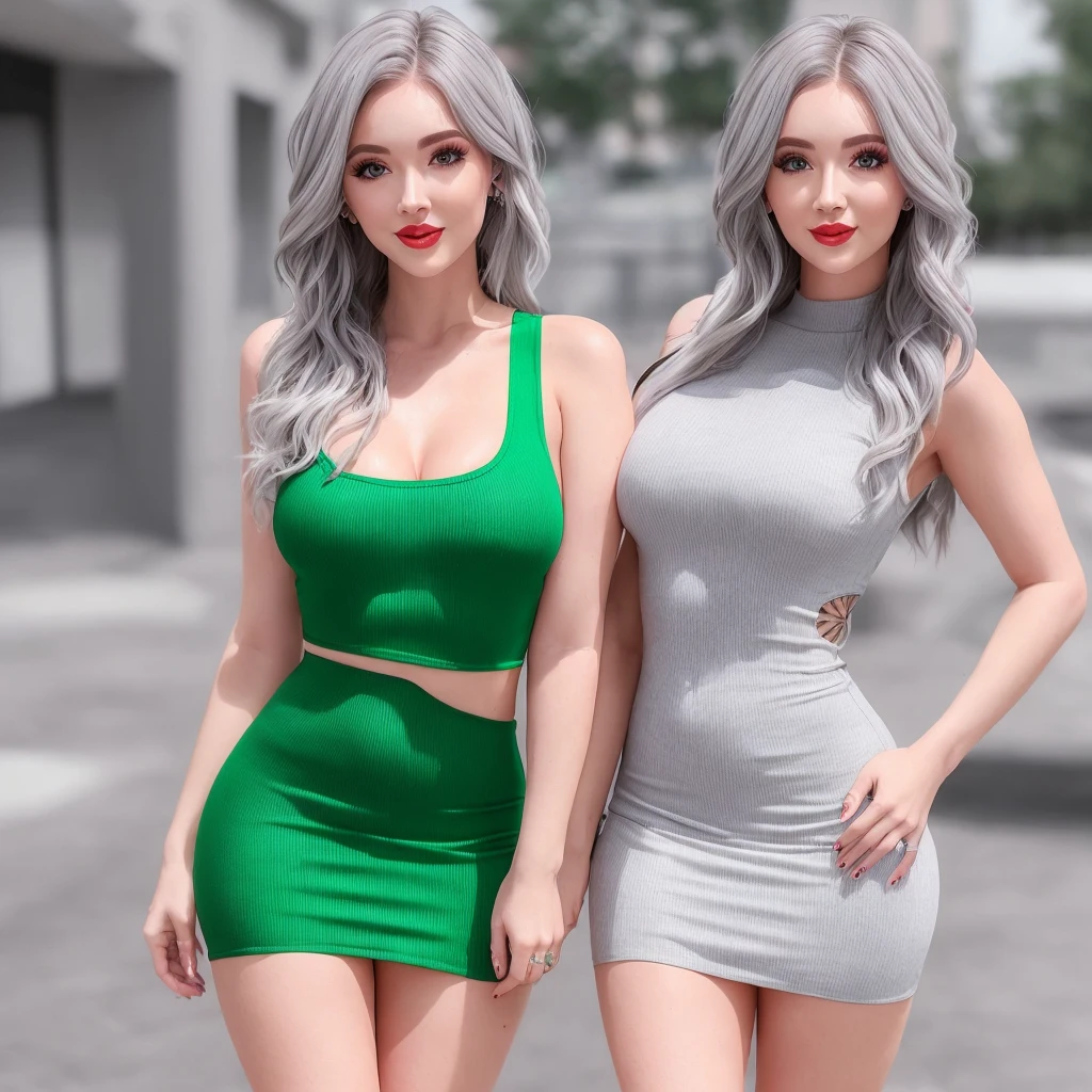 realistic white female influencer on instagram, Best Quality, with gray hair, Milf, 1 girl, green eyes, in a multi-colored tight short dress