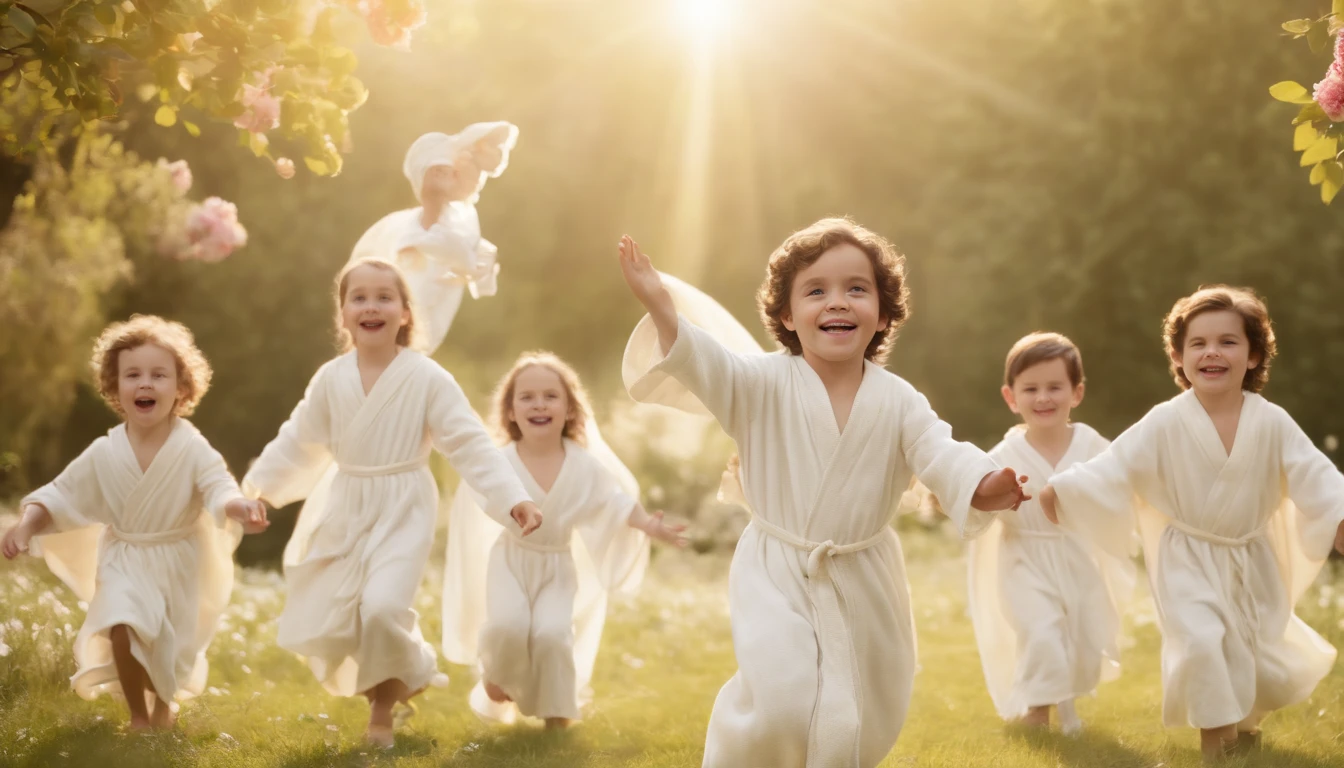 a pixa Disney cartoon of biblical times, A Lot of happy 6 boys in heaven in a heavenly garden filled with beautiful tress and flowers dressed like the bible times having white robe around their west.