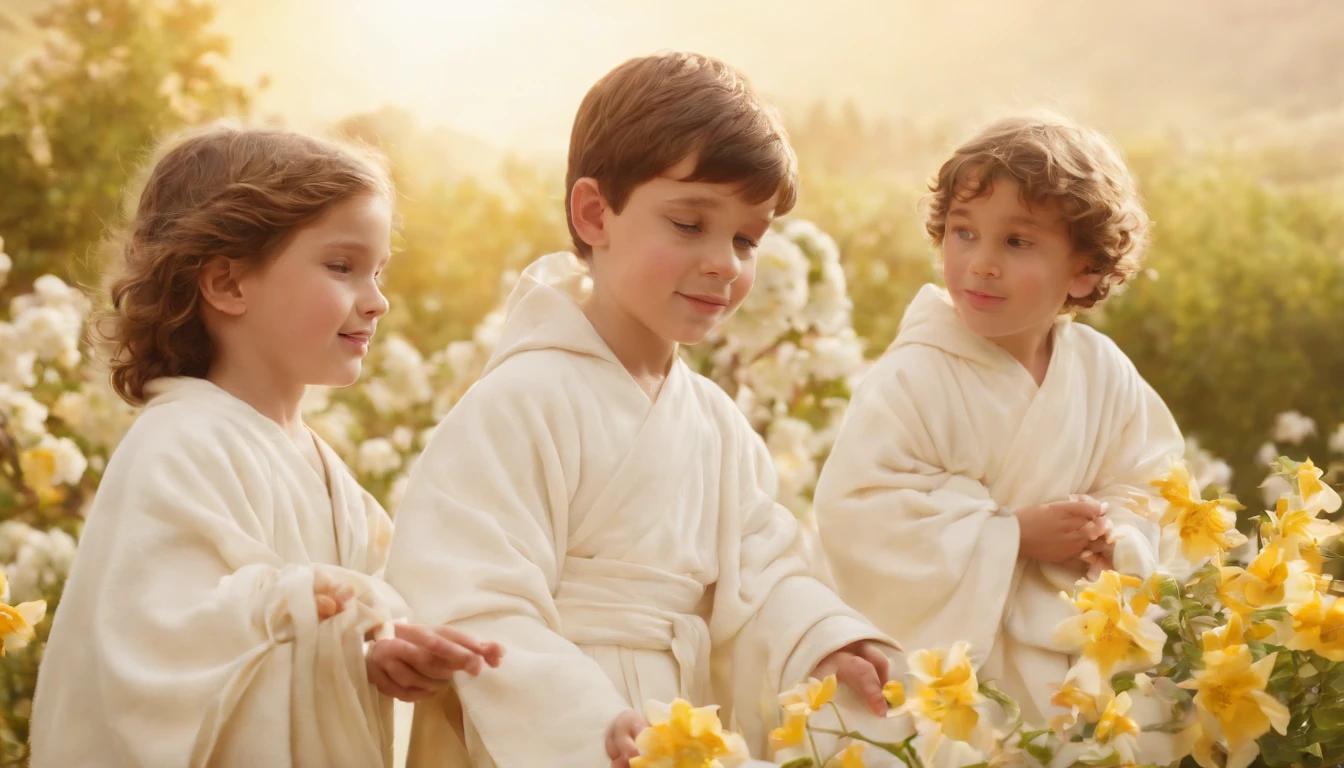 a pixa Disney cartoon of biblical times, A Lot of happy 6 boys in heaven in a heavenly garden filled with beautiful tress and flowers dressed like the bible times having white robe around their west.