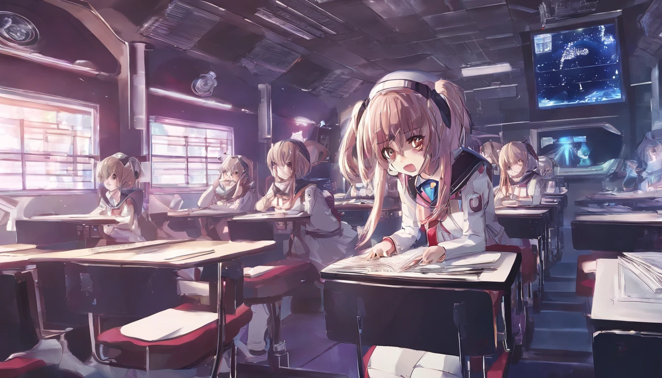 Anime girl in uniform sitting in classroom with table, surreal school girl, A surreal schoolgirl, realistic school girl, Squatting anime beauty, stooped, Anime girl squats, seductive anime girls, lit from behind, female student, noire moody scene, 2b, 2b, Beautiful anime high school girl, cute female student，blackstockings