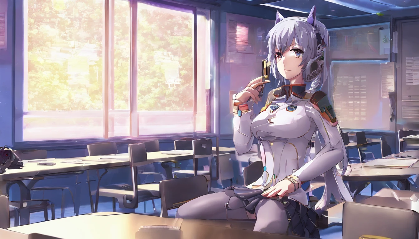 Anime girl in uniform sitting in classroom with table, surreal school girl, A surreal schoolgirl, realistic school girl, Squatting anime beauty, stooped, Anime girl squats, seductive anime girls, lit from behind, female student, noire moody scene, 2b, 2b, Beautiful anime high school girl, cute female student，blackstockings