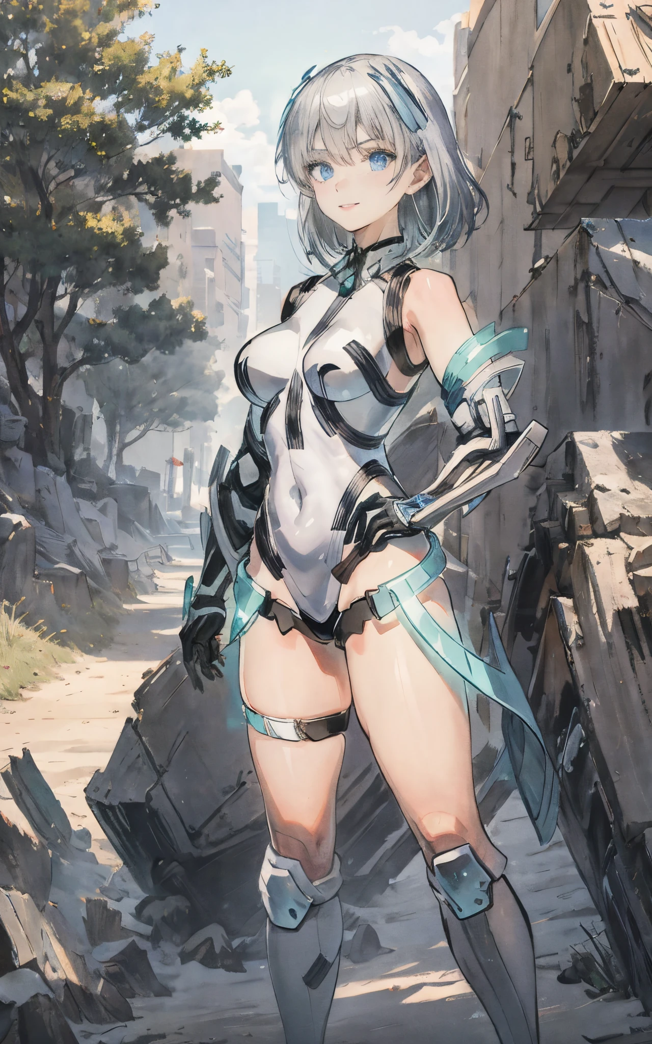 lightsmile, deva battle suit, Outdoors, Silver hair, bobhair, Blue eyes, waist shot