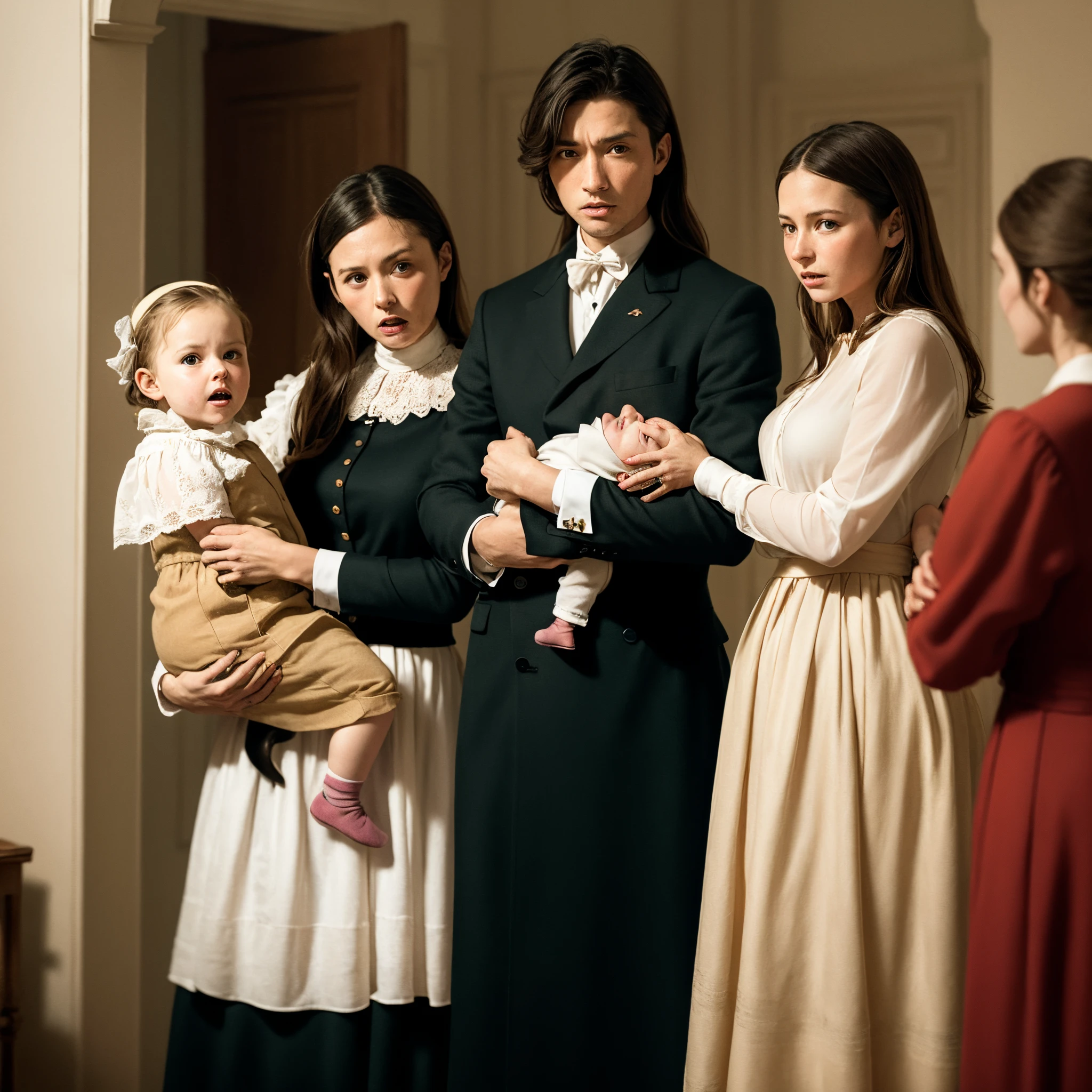 Jacques stood in the middle of the room, pale and out of breath, holding an infant in his arms. The four women looked at him, astonished; but Berthe, who had suddenly become courageous, rushed forward with anguish in her heart