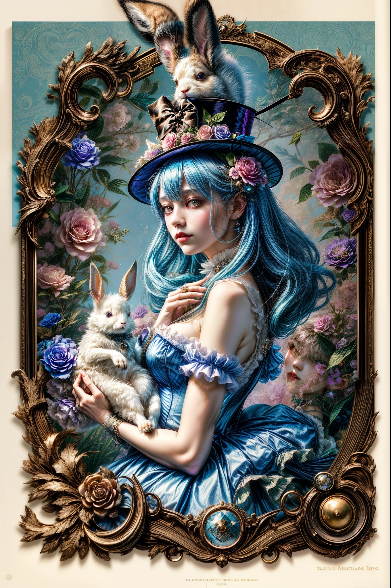 A woman wearing a top hat and holding a rabbit in her hand, Vania Zuravlyov, floralpunk elysian maiden, Hajime Sorayama Aaron Hokey, Alice in Wonderland Cyberpunk, portrait of alice in wonderland, Jean-Sebastian Rosbach, baroque visual kei decora art, inspired by Tsukioka Yoshitoshi