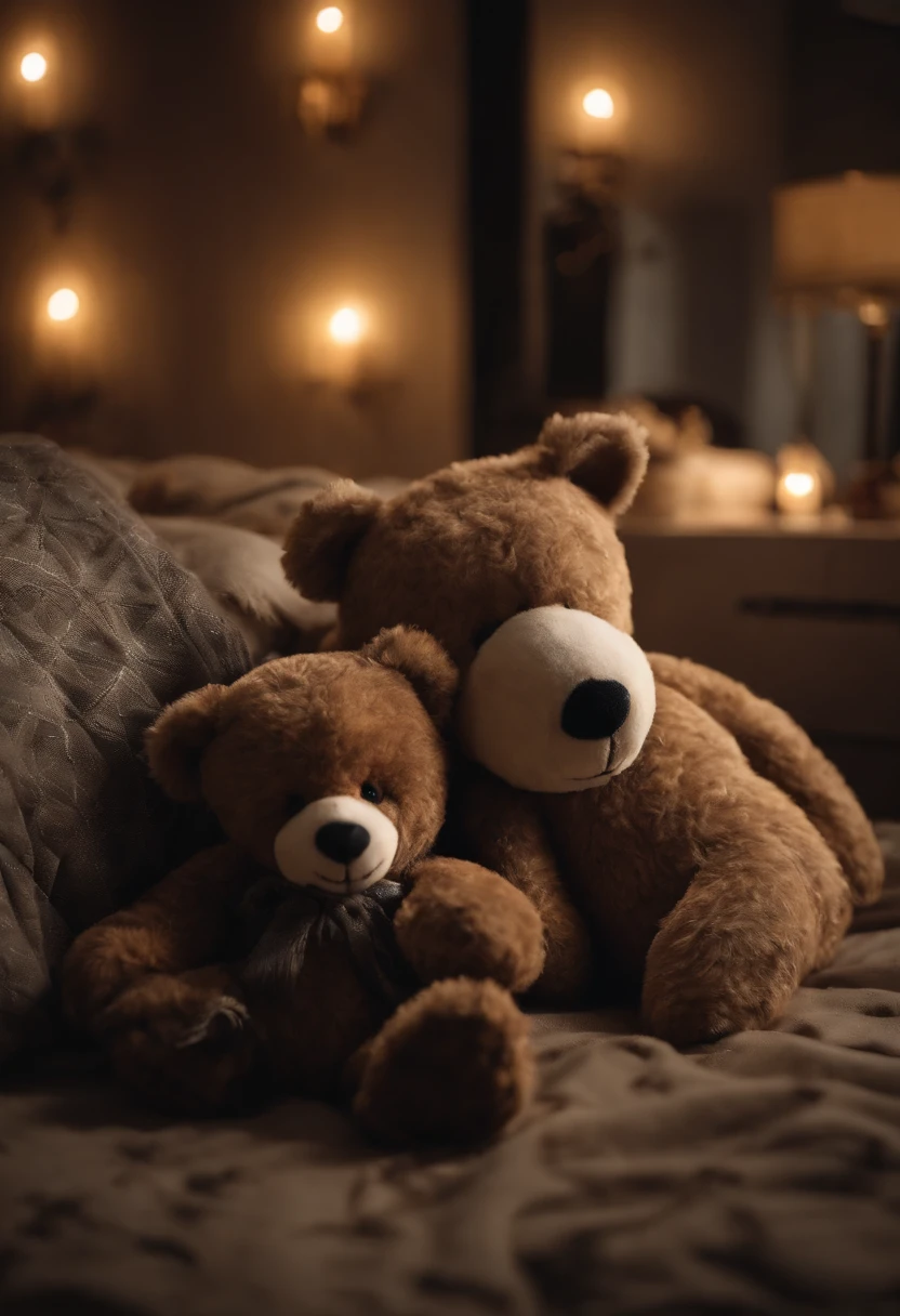 A wild bear is lying down, Bear falls asleep on hotel bed, teddy bear cuddles, realistic, 8K