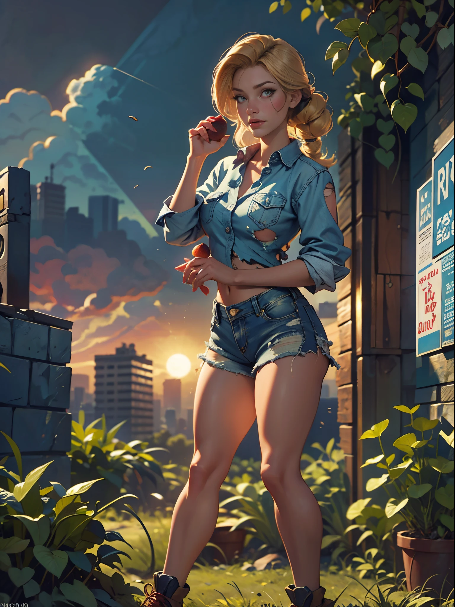 2076 year. The Urban Ruins of the Wasteland, Female huntress picking fruit in the garden, beautiful face, blonde, badly torn shirt and denim shorts , long legs, sweating through, sun rising, Nice warm colors, head to toe full body shot