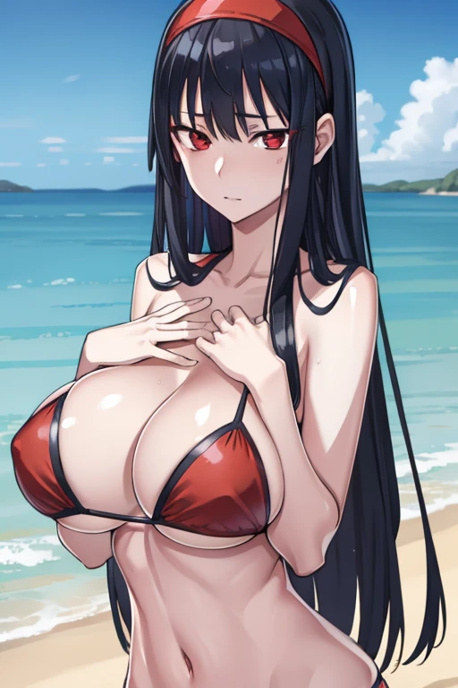 yorbriar, yor briar, black hair, (red eyes:1.5), earrings, gold hairband, hairband, long hair, sidelocks,underboob,pointy breasts
BREAK bikini,
BREAK outdoors, beach,
BREAK looking at viewer,
BREAK (masterpiece:1.2), best quality, high resolution, unity 8k wallpaper, (illustration:0.8), (beautiful detailed eyes:1.6), extremely detailed face, perfect lighting, extremely detailed CG, (perfect hands, perfect anatomy),