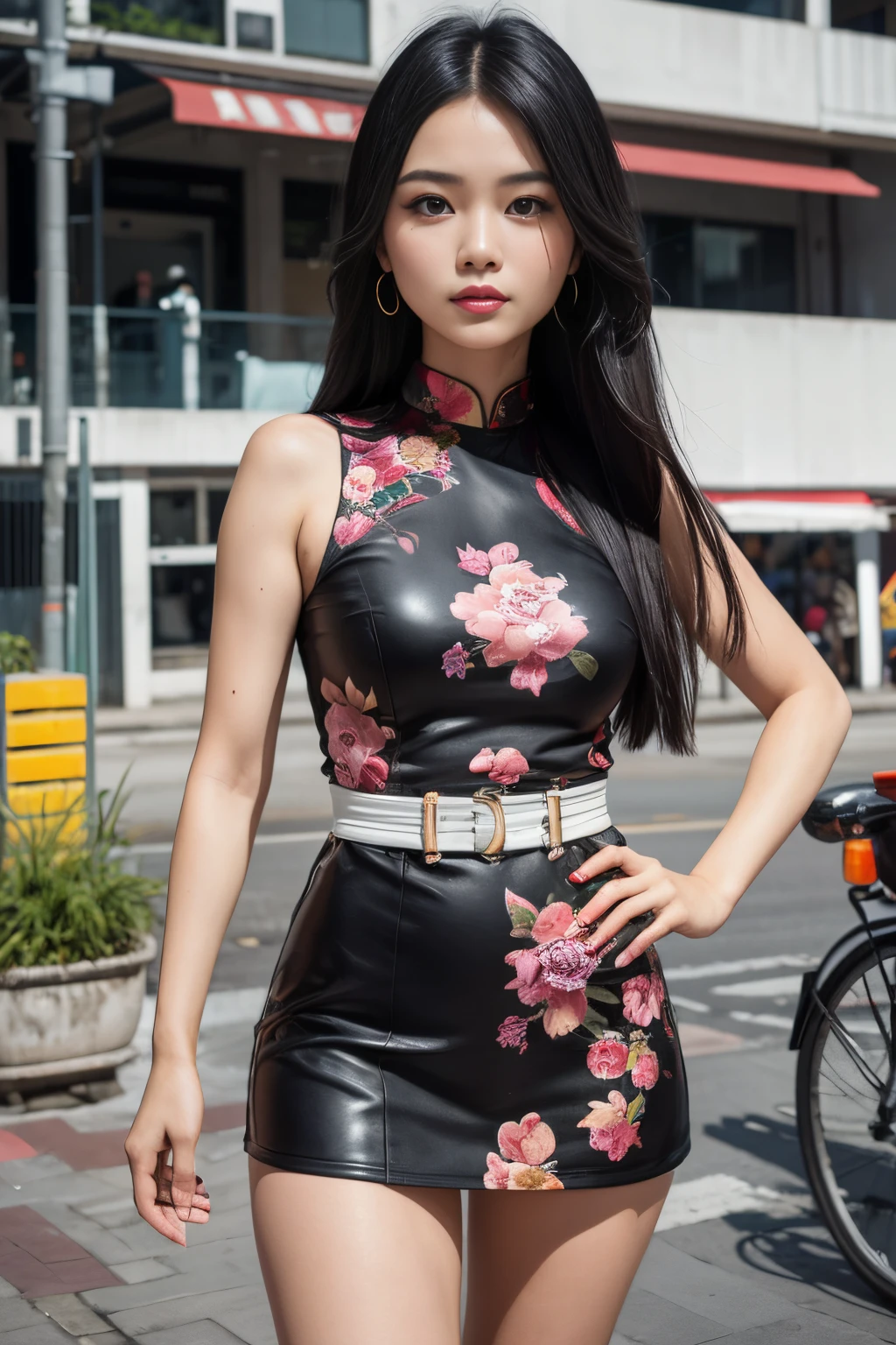 (8K, Ultra high res:1.1) Nguyen, an 18-year-old vibrant Vietnamese girl, exudes youthful charm in a modern Vietnamese-inspired outfit. She wears a stylish áo dài with contemporary patterns and designs, showcasing her fashion-forward sense. The high-resolution image captures ultra-detailed realism, highlighting Nguyen's captivating brown eyes, flawless complexion, and long black hair. The urban backdrop with its colorful street art and bustling cityscape adds a touch of youthful energy, creating a visually captivating representation of Nguyen's modern Vietnamese style.