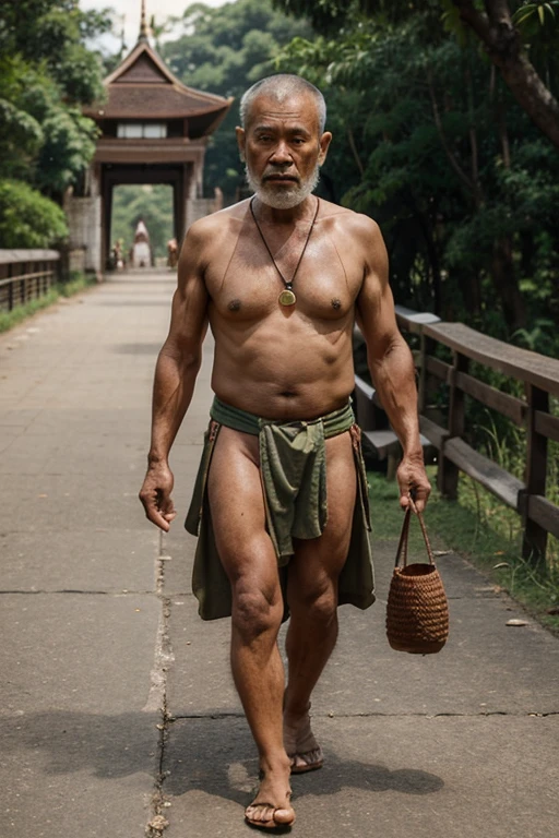 An old Thai hermit wears a loincloth, but it is not in good condition., holding an old bag, and holding a cane. Hang the amulet around your neck.. Wearing an old crown, walking across the footbridge., full body image