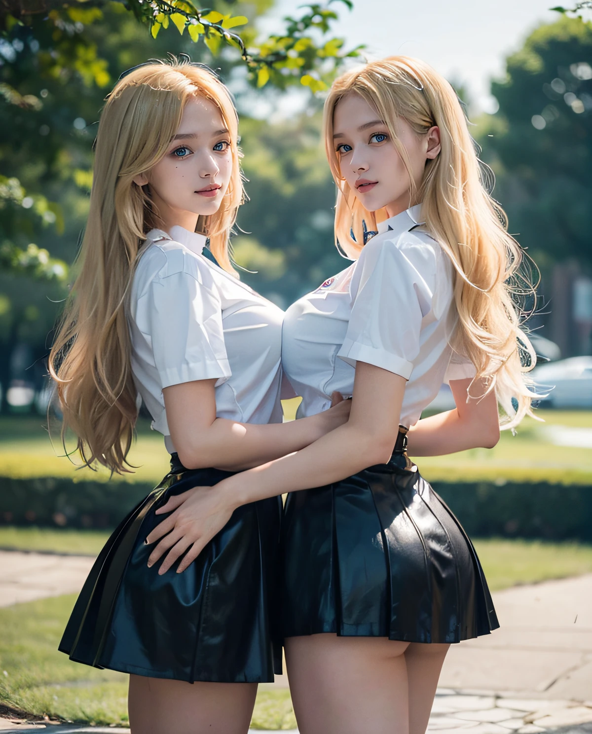 2girl, (gemelos), (ojos azules), (They are smiling), (En nombre de Minaj), caderas anchas, tetas grandes, grande, Trasero redondo, (La mejor calidad, 8k, Obra maestra: 1.3), Manos perfectas, Enfoque claro: 1.2, Belleza corporal perfecta: 1.4 , abdominales delgados: 1.2, Highly Detailed Face and Skin Texture, ojos detallados, 双眼皮, (Cabello largo rubio), (Hermanas gemelas :1.4), (Mini falda negra), (Camisa formal blanca), En pie, dynamic pose, en un parque, trees in background