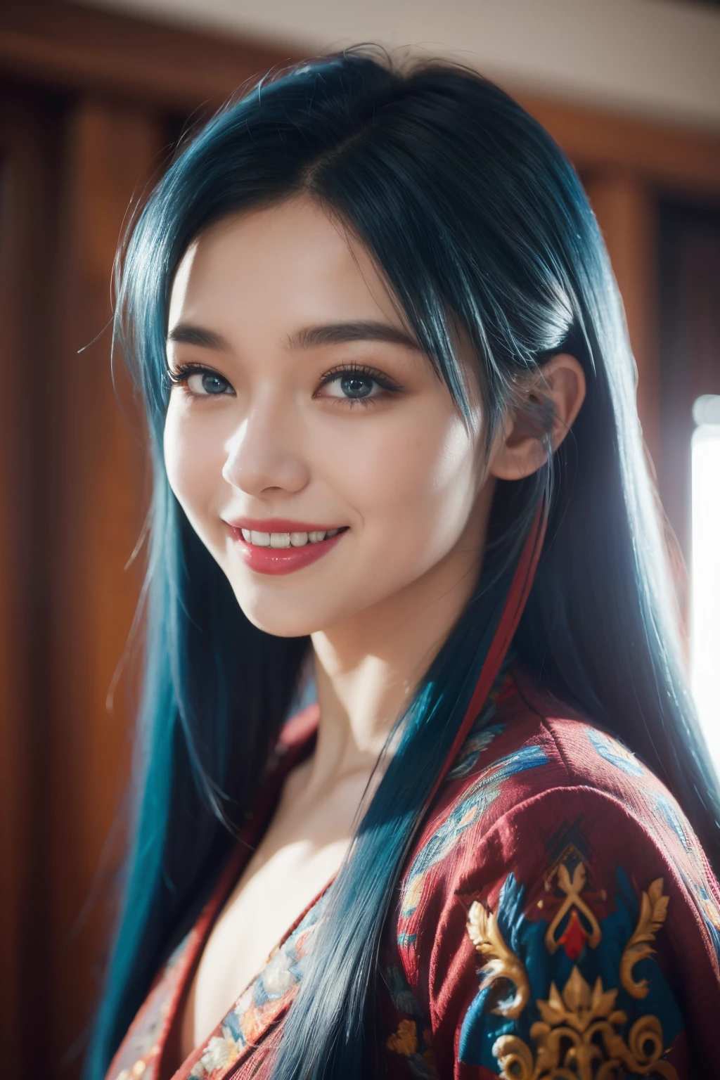 vibrant colors, dragon girl, masterpiece, sharp focus, best quality, depth of field, cinematic lighting,smile, blue hair, red eyes, long hair, very long hair,