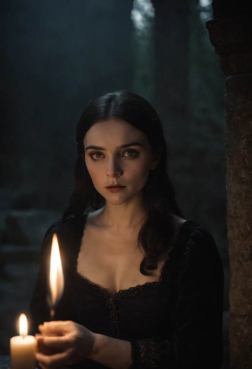 wednesday adams lay on the stone，candlelight in darkness,epic light and shadow,horror theme,evil look，haggard and sad expression，sad，Thriller，hesitate，darkly，Black velvet nightgown
