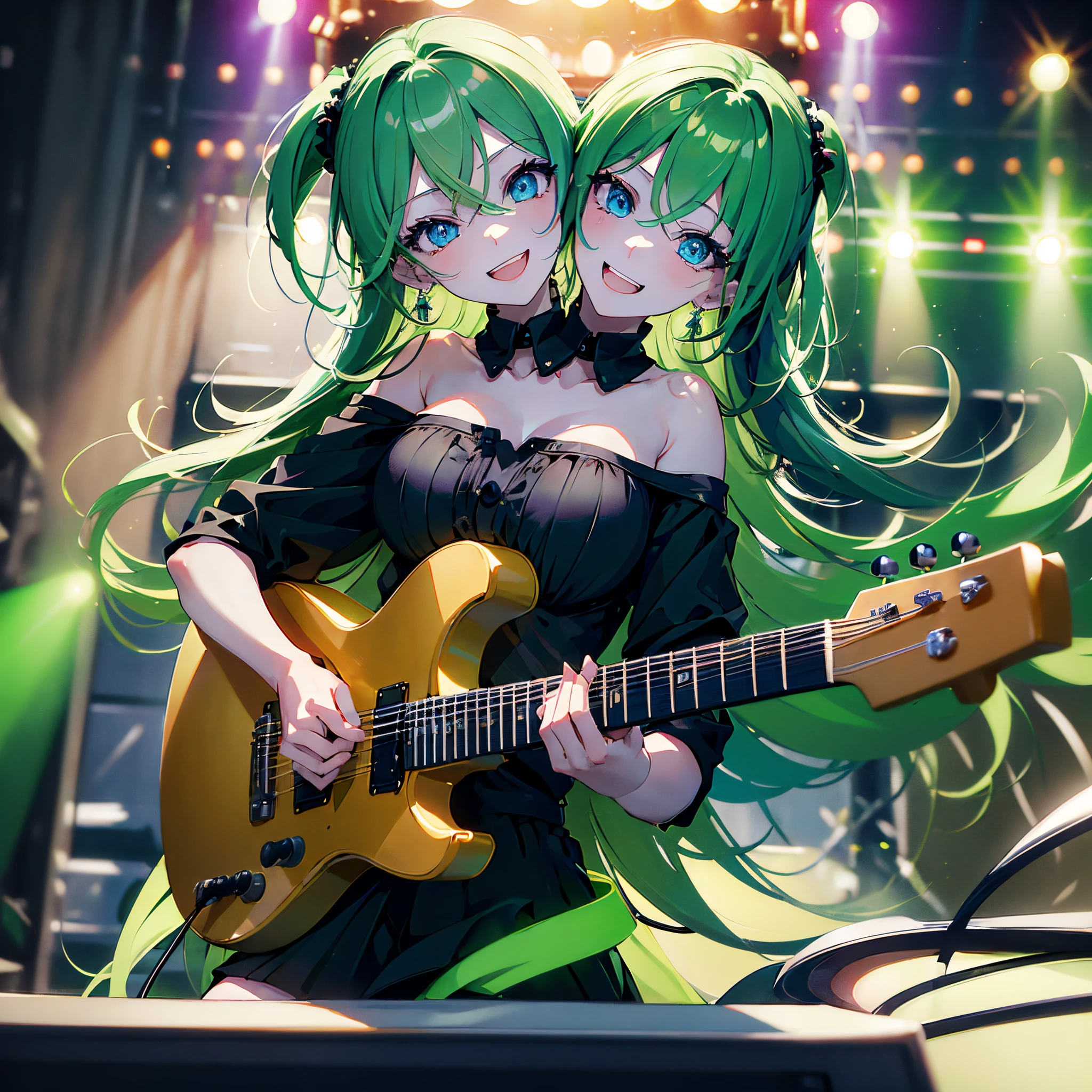 (masterpiece, best quality), best resolution, (2heads:1.5), 1girl, green hair, winking, blue eyes, open mouth, happy, closed mouth, smiling, energetic, black shirt, playing an electric guitar, outdoor concert stage, night, multicolored lights, closeup