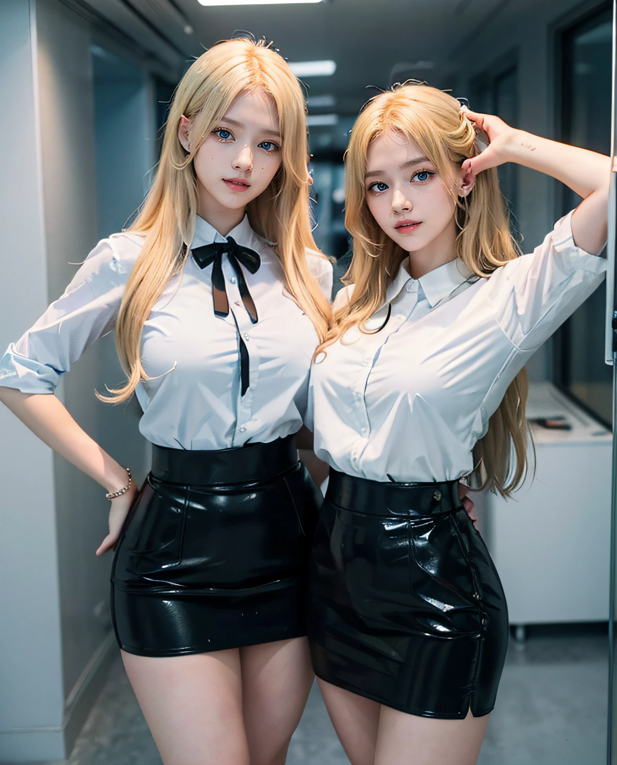 2girl, (gemelos :1.1), (ojos azules), (They are smiling), (En nombre de Minaj), caderas anchas, tetas grandes, grande, Trasero redondo, (La mejor calidad, 8k, Obra maestra: 1.3), Manos perfectas, Enfoque claro: 1.2, Belleza corporal perfecta: 1.4 , abdominales delgados: 1.2, Highly Detailed Face and Skin Texture, ojos detallados, 双眼皮, (Cabello largo rubio), (con su hermana gemela :1.4), (Mini falda negra), (Camisa formal blanca), En pie, dynamic  pose, on the top floor of a building, Oficina