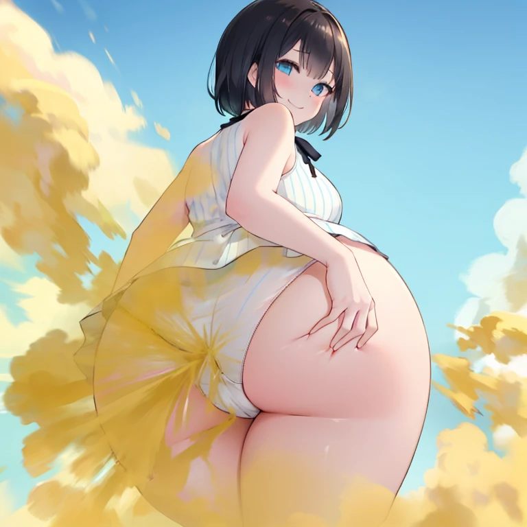 Little girl, Black hair, blue eyes, (Plain white dress), (Sleeveless dress), (Short dress), blue white panties, (striped panties), massive ass, Turn around and look back, Smile, joy, smiling face, fart, onara, fart, farting, big fart, Fart from the ass, Yellow smoke, Yellow smoke is rising, Green fields, Sunny weather