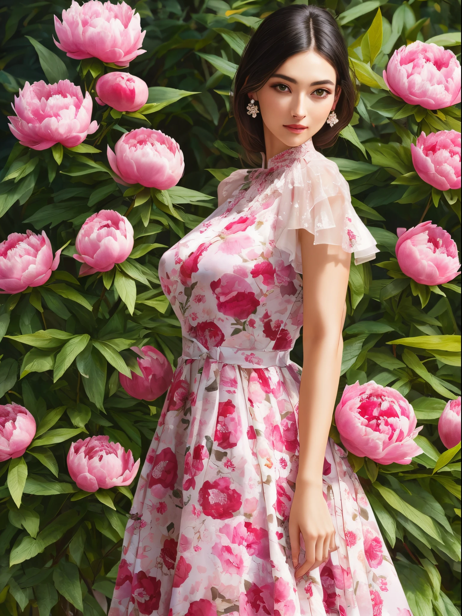 A female model in peony themed dress, perfect facial structures, curvy body