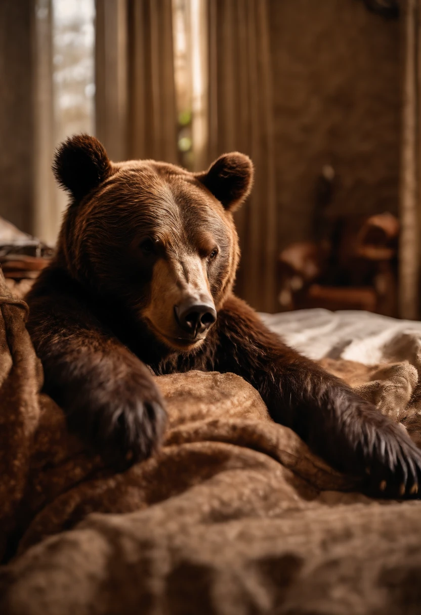 A wild bear is lying down, asleep on hotel bed, teddy bear cuddles, realistic, 8K
