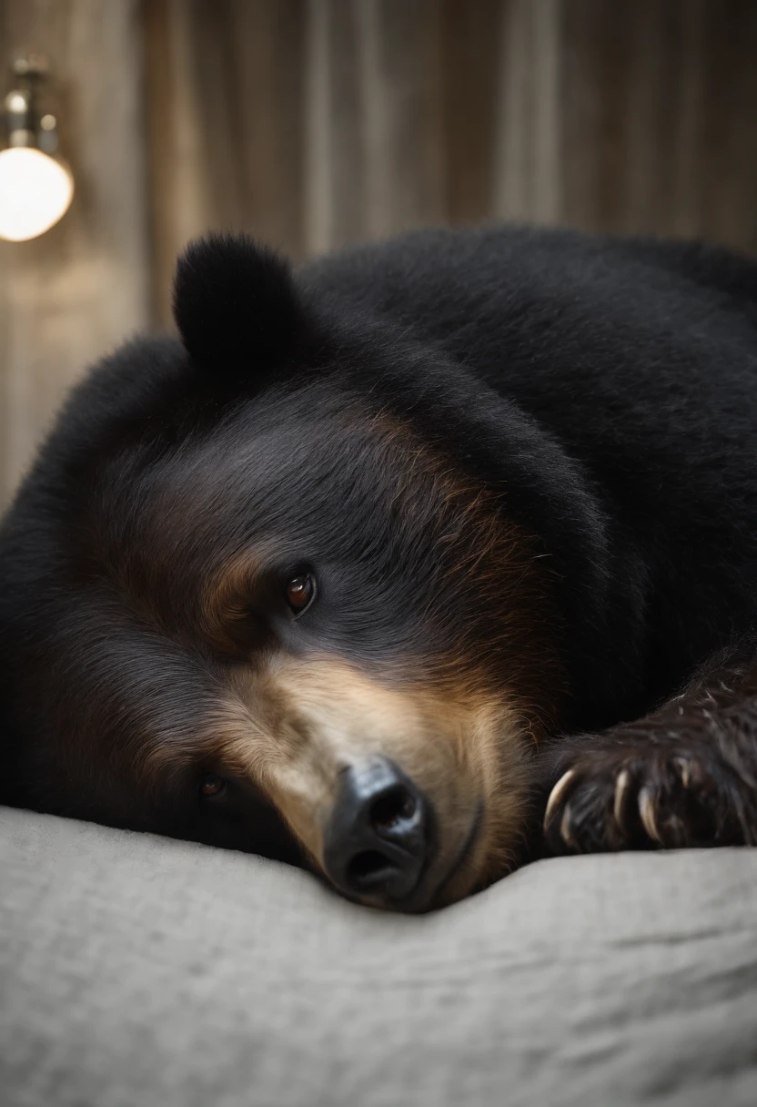 A wild bear is lying down, asleep on hotel bed, teddy bear cuddles, realistic, 8K