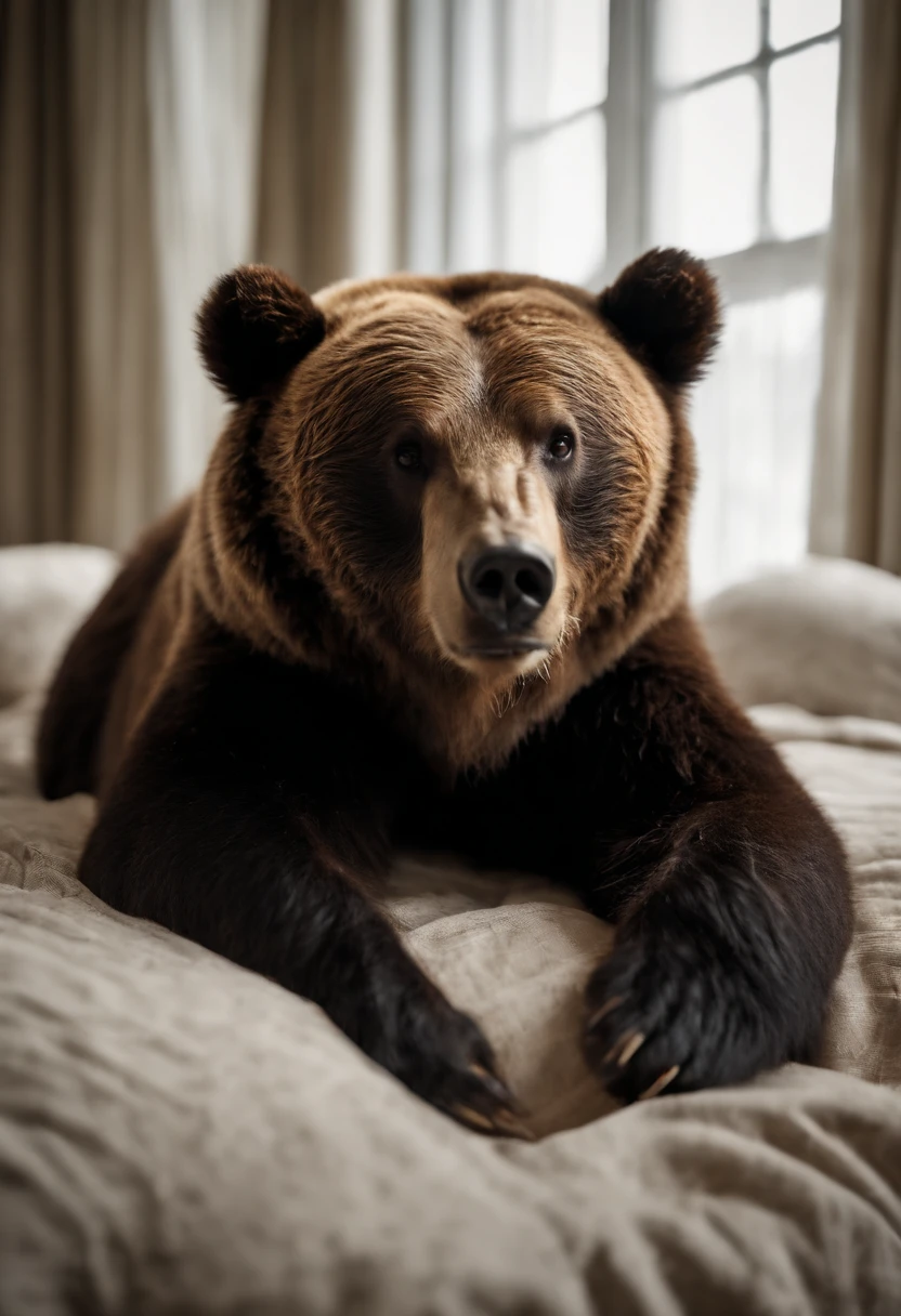 A wild bear is lying down, asleep on hotel bed, teddy bear cuddles, realistic, 8K