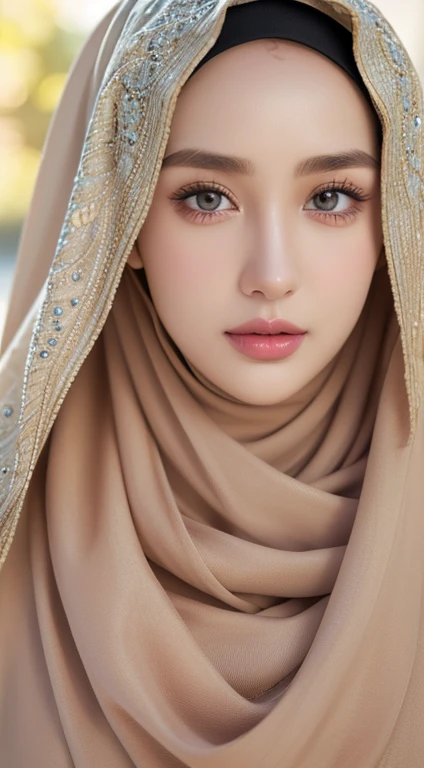 beautiful girl in hijab, 19 year old girl, perfect face, expressive eyes, makeup, eyeshadow, eyeliner, luxurious hijab, patterned hijab, hijab decoration, brooch, currently in a busy city,