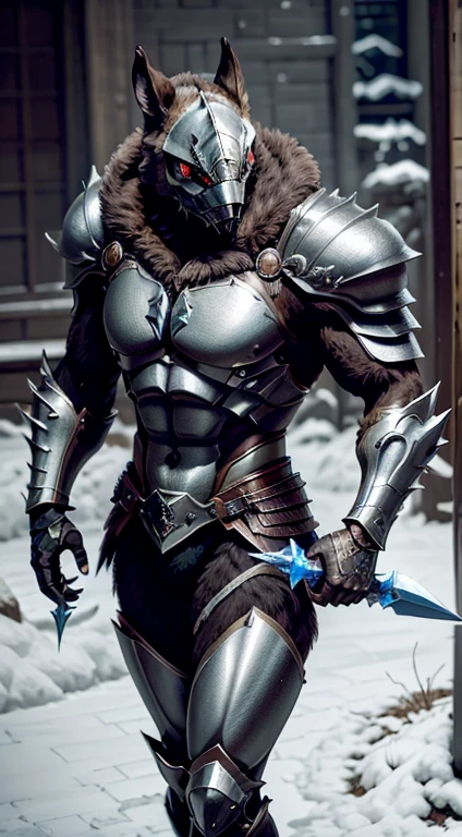 CRIAR lobisomem, armadura de adamantium que gera uma aura de raios, double-bladed sword of crystalline ice and blue fire, lutando no coliseu. Epic Realism, realistic , photo, fashion, poster, cinematicv0.2, photo