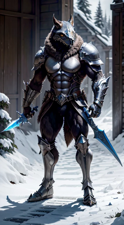 CRIAR lobisomem, armadura de adamantium que gera uma aura de raios, double-bladed sword of crystalline ice and blue fire, lutando no coliseu. Epic Realism, realistic , photo, fashion, poster, cinematicv0.2, photo