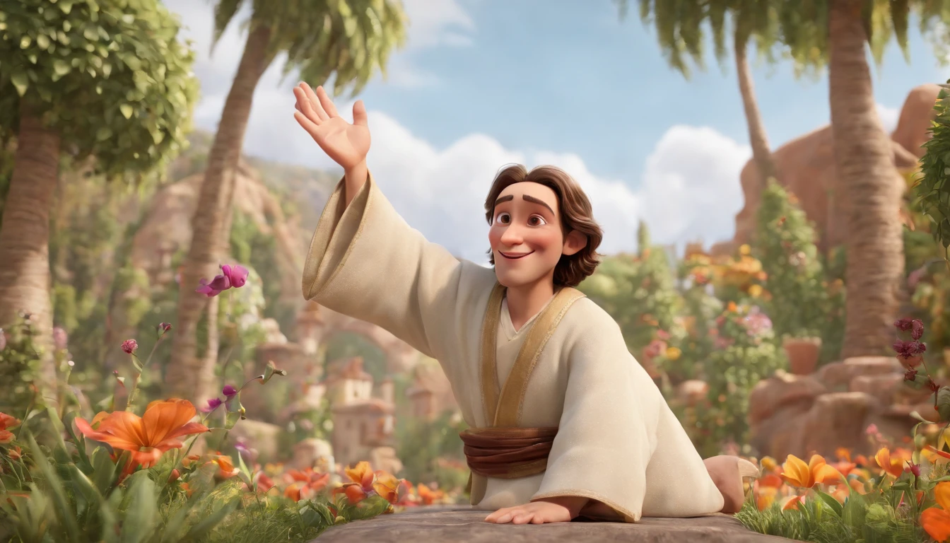 a pixa Disney cartoon of biblical times "Generate a realistic depiction A Lot of happy 6 year old boys in heaven in a heavenly garden filled with beautiful tress and flowers dressed like the bible times having white robe around their west. com flores coloridas ao redor e luz suave iluminando seu rosto." high definition image, detalhamento alto e estilo fotorrealismo. Imagem com pelo menos 300 dpi, UHD 8k in heaven, a very beautiful place in heaven, animated film, 3 d animated movie, animated still, animated movie, inspired by Johannes Helgeson, jesus wasted at a party, animation film, animated film still, rendered in corona, epic illumination, 3 d animated, 3d animated, he is greeting you warmly Caractere estilizado, animation style rendering, 3D estilizado, Arnold Maya render, 3 d render stylized, toon render keyshot, Personagem 3D, Personagem 3D, 3d rendering stylized, 3 d character render, personagem de desenho animado, Personagem de close up, Pose de personagem, (Estilo Pixar) (master part:1.2) (Bokeh) (best quality) (pele detalhada) (textura detalhada) (8k) (argila) (Cinematic lighting) (foco nítido