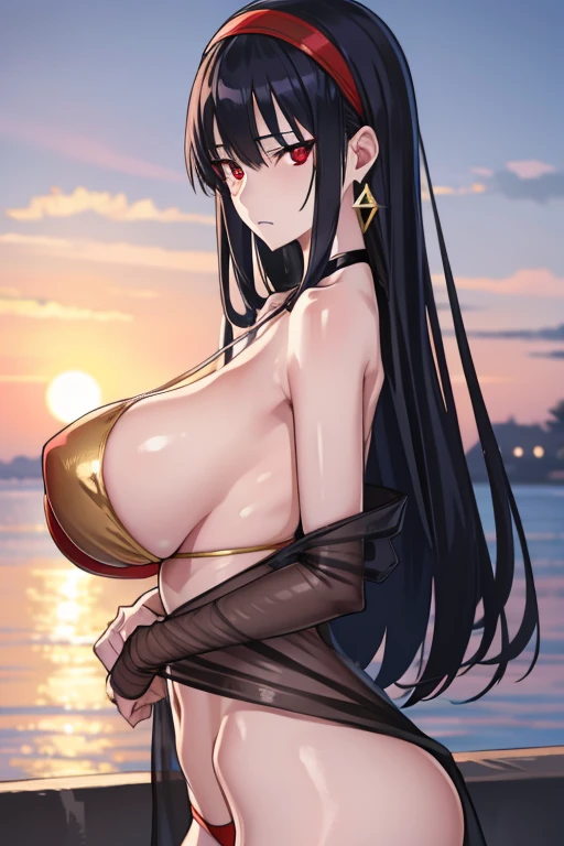 yorbriar, yor briar, black hair, (red eyes:1.5), earrings, gold hairband, hairband, long hair, sidelocks,underboob,pointy breasts,huge breasts,
BREAK bikini,
BREAK outdoors, beach,
BREAK looking at viewer, 
BREAK (masterpiece:1.2), best quality, high resolution, unity 8k wallpaper, (illustration:0.8), (beautiful detailed eyes:1.6), extremely detailed face, perfect lighting, extremely detailed CG, (perfect hands, perfect anatomy),