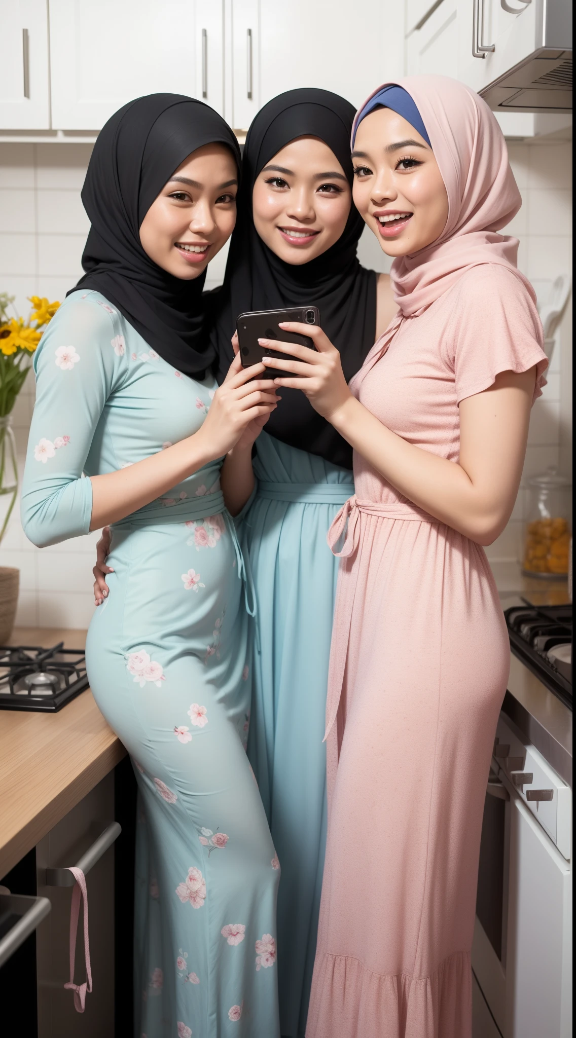 4 beautiful malay girl in pastel color hijab taking picture in modern kitchen, wear pastel blue and white floral pattern baju kurung, friendly and laughing situation, laughing, happy, modern pastel color kitchen, detailed skin texture, soft lighting, pastel color theme, high quality, movie shot framing, ultra detail, 8k,
