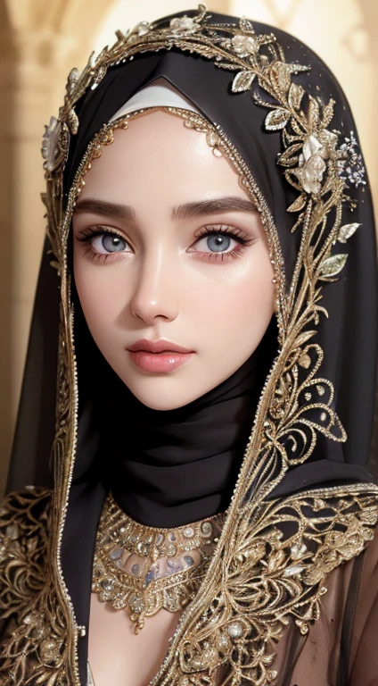 A beautiful Arabic hijab woman, detailed face, high quality, photorealistic, cinematic lighting, dramatic lighting, dark background, intricate jewelry, elegant dress, graceful pose, serene expression, delicate features, long eyelashes, full lips, mesmerizing gaze, ornate headpiece, cascading hair, shimmering fabric, mysterious atmosphere, chiaroscuro lighting, moody tones, deep shadows, dramatic contrast