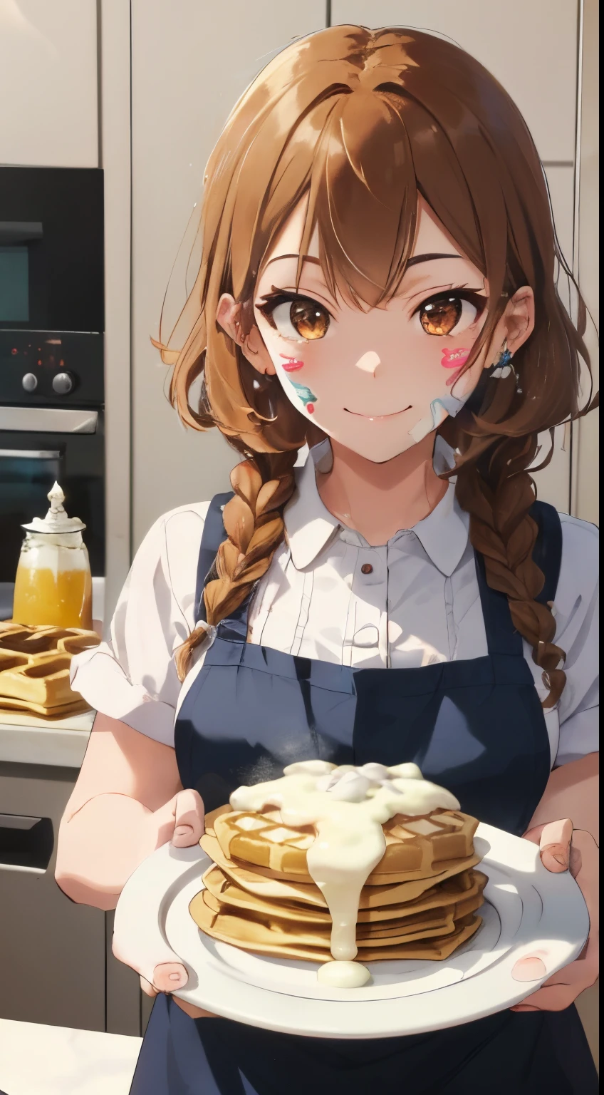 Colorful and cute home kitchen,(Ingredients for making sweets such as flour, eggs, and sugar),((waffles on a plate)),fluffy hair,brown haired,((Braiding,Braids,Odango Hair)),Slightly red tide,((Brown eyes)),(Ruffled apron),((I have white cream on my face and hands....)),(Tejepero),(Smile slightly),(Kamimei),((close up of face)),(In conditioning),Plenty of pancakes and waffles in a frying pan or hot plate