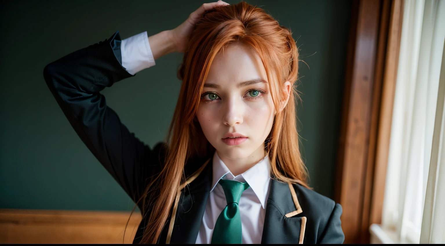 shirleyfenette, shirley fenette, orange hair, (green eyes:1.5), half updo, long hair, ashford academy school uniform, buttons, long sleeves, necktie, school uniform, looking at viewer, indoors, classroom, (beautiful detailed eyes:1.6), extremely detailed face, perfect lighting, extremely detailed CG, upper body