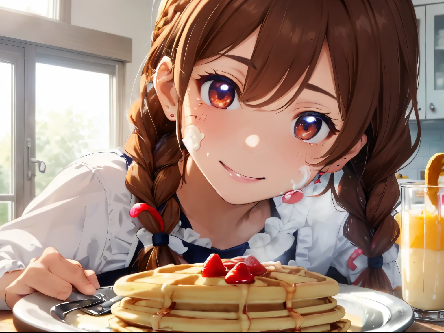 Colorful and cute home kitchen,(Ingredients for making sweets such as flour, eggs, and sugar),((waffles on a plate)),fluffy hair,brown haired,((Braiding,Braids,Odango Hair)),Slightly red tide,((Brown eyes)),(Ruffled apron),((I have white cream on my face and hands....)),(Tejepero),(Smile slightly),(Kamimei),((close up of face)),(In conditioning),Plenty of pancakes and waffles in a frying pan or hot plate