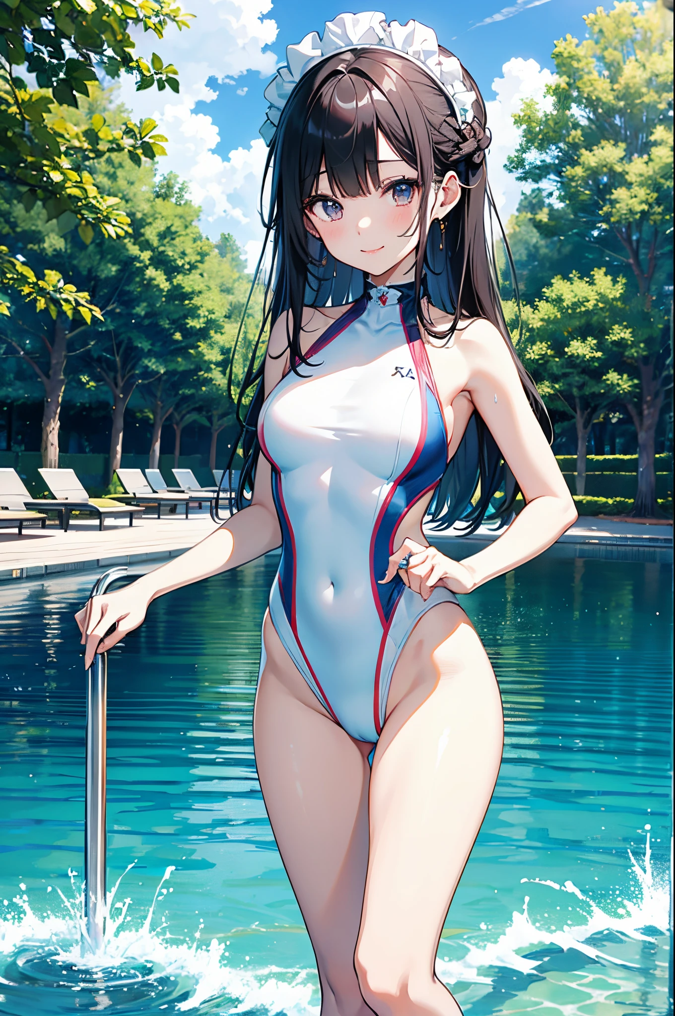 perfect anatomia：1.1、Soio、Japan beautiful girl、Looks like an idol、High neck dress swimsuit（Competitive swimsuit）、Maid style bikini、Poolside with blue sky、a beautiful slender girl、Full body depiction、Slender and beautiful legs、A smile、ers old、eleme Shots、highleg、Straight long hair、Wet texture