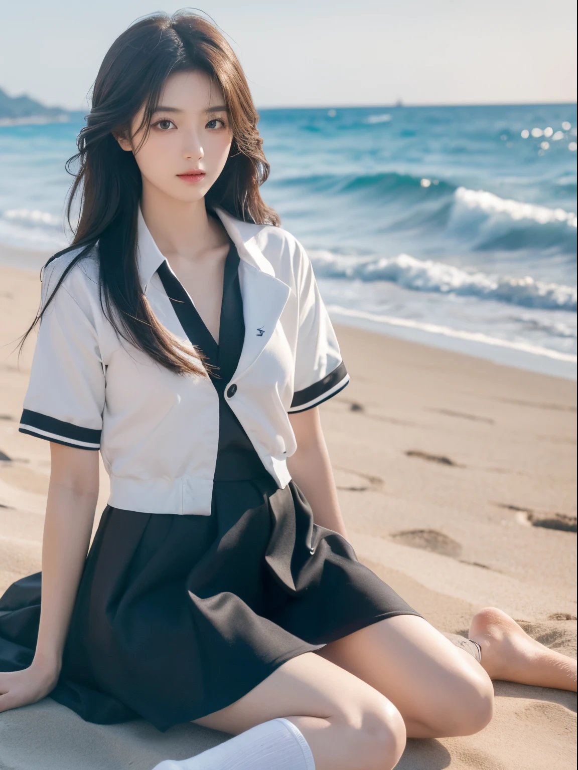 (front focus、perfect anatomy:1.5)、(Super detailed、16K quality、genuine skin: 1.6)、hyper genuineist、genuine.cinematic lighting、Portrait、highly detailed face、1 beautiful thai girl、 (Beautiful 14 year old half Thai/japanese girl、smile:1.3)(medium straight brown hair、Large slit eyes、eye shadow、eyeliner、green color contact lenses:1.5)flashy gal makeup(黒くsunburnした肌、black skin:1.8)sunburn、eyeliner、red lips.Break(Navy Blue Theme:1.4), (Hairpiece:1.3), (Short Sleeves (Navy Blue Sailor Uniform Top) with Double Breasted:1.4), (Double Breasted:1.2), ((Navy Blue Ruffled Tiered Super Long Skirt:1.4), ((White Scapular, White Needles):1.3), (necklace)( Very Detailed White Embroidery:1.3), (barefoot:1.3), BREAK(perfect anatomy)(Wet and transparent clothes:1.4)(Summer sandy beach海岸、sunset)(splash、splash of water)(Crouching model pose:1.3)Summer sandy beach、sunset visible from the horizon