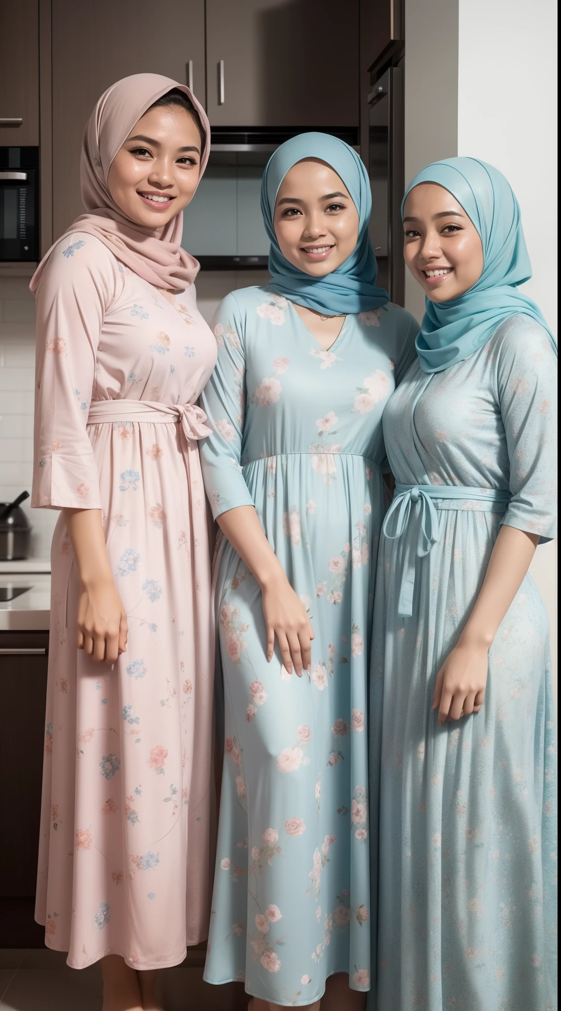 3 beautiful malay girl in pastel color hijab taking picture in modern kitchen, wear pastel blue and white floral pattern baju kurung, friendly and laughing situation, laughing, happy, modern pastel color kitchen, detailed skin texture, soft lighting, pastel color theme, high quality, movie shot framing, ultra detail, 8k,