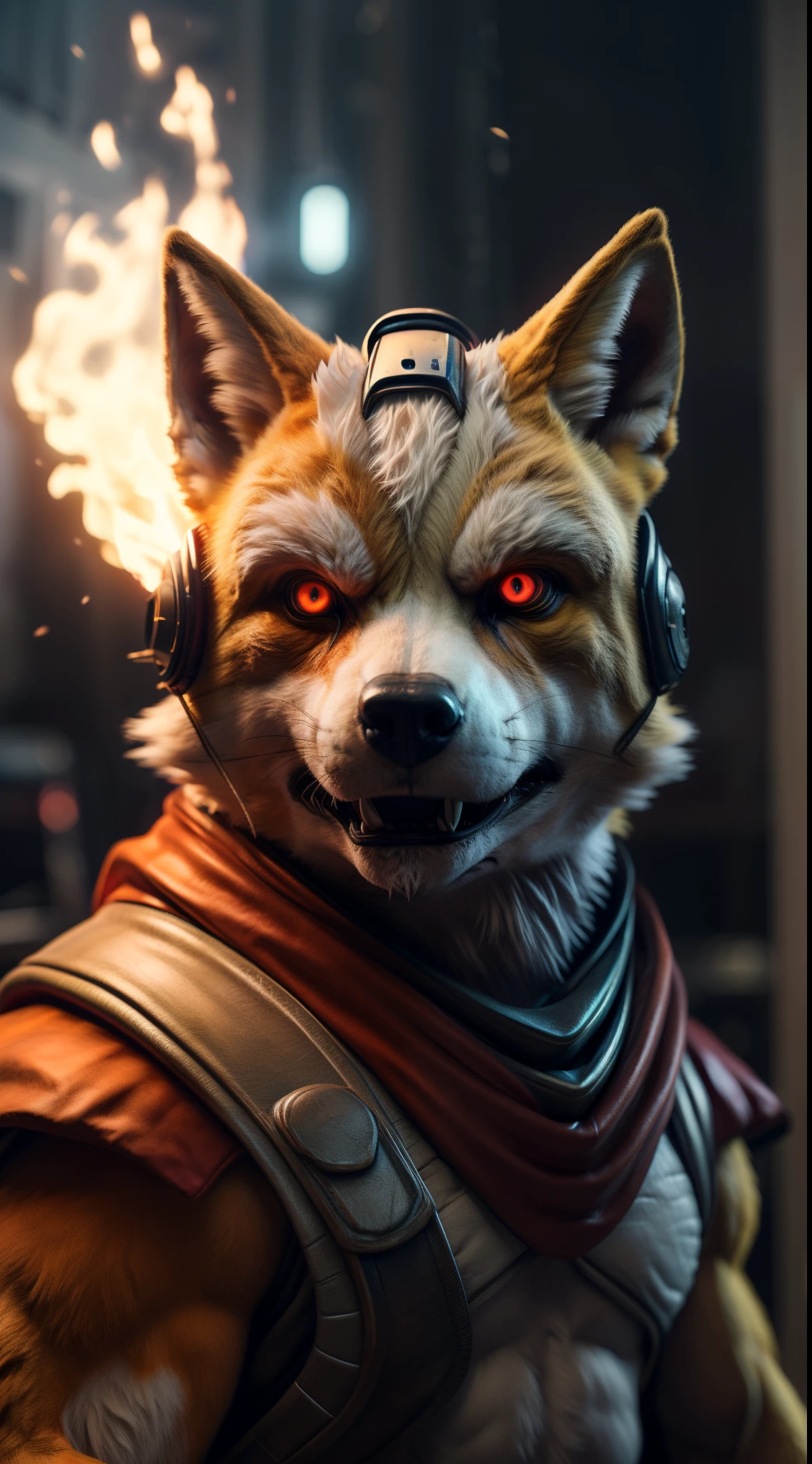 (best quality,16k,32k,highres,masterpiece:1.2),ultra-detailed,(realistic,photorealistic,photo-realistic:1.37),(The ultimate Orochi Fox Mccloud) glowing red eyes realistic fire background of totally destroyed Japan alone looking at the camera serious expression brave and confident wearing a red hood cape