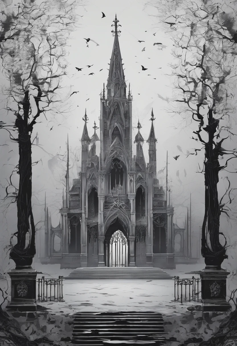 white and grey atmosphere, dozens of black threads stretched everywhere