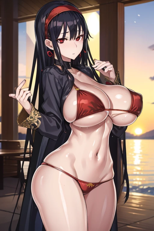 yorbriar, yor briar, black hair, (red eyes:1.5), earrings, gold hairband, hairband, long hair, sidelocks,underboob,pointy breasts,huge breasts,
BREAK bikini,
BREAK outdoors, beach,
BREAK looking at viewer,
BREAK (masterpiece:1.2), best quality, high resolution, unity 8k wallpaper, (illustration:0.8), (beautiful detailed eyes:1.6), extremely detailed face, perfect lighting, extremely detailed CG, (perfect hands, perfect anatomy),
