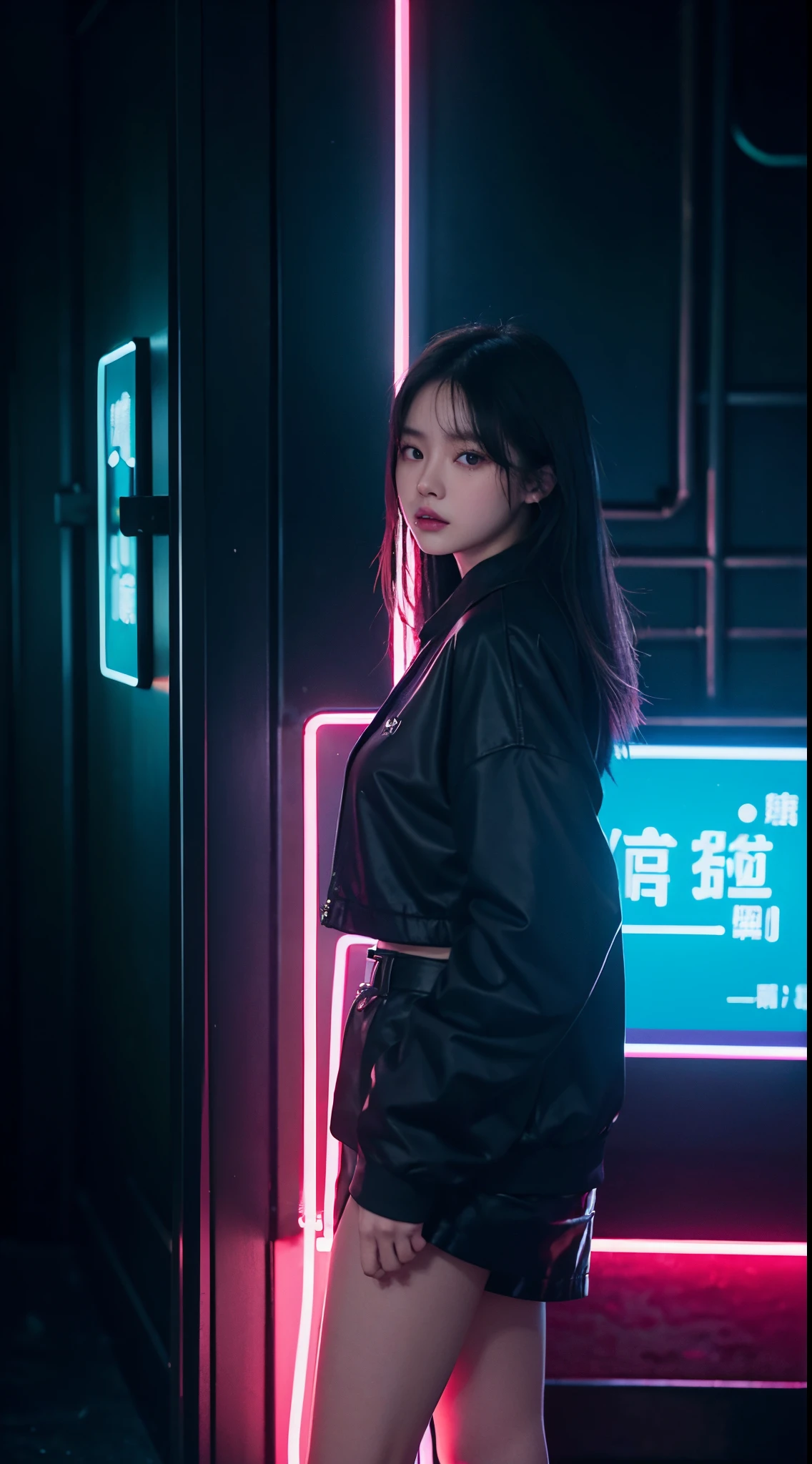 There is a woman standing in front of a neon light, Pictures inspired by Ni Yuanlu, CG Social Trends, trending art, roseanne park by blackpink, Popular topics on cgstation, cgstation trends, josie by blackpink, Keda, blackpink josie&#39;s portrait, Nam Jae-yeon, Xision Wu, sun yunjoo