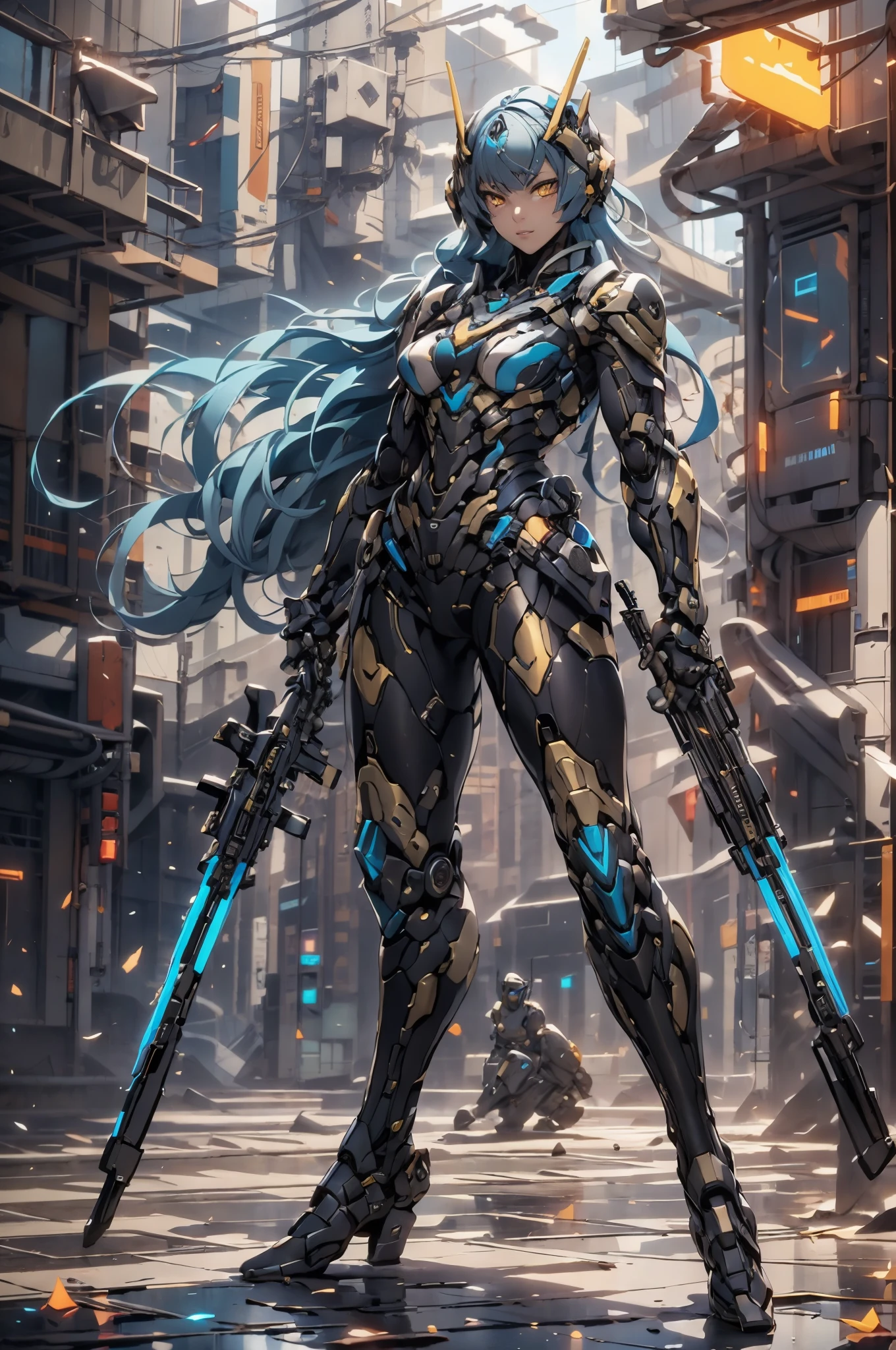 1female, blue hair, yellow eyes, wearing modern combat suit, beautiful, model, 4k, official art, highly detailed, master